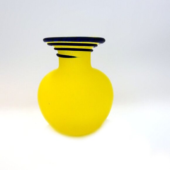 Small Badash Art Glass Bud Vase Hand Made Yellow Blue Spirals Matte Finish - Picture 1 of 7